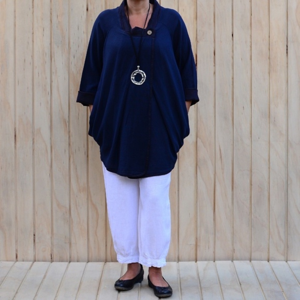 Jacket Plus Size Fits 14-18 Navy Blue Wrap Cotton Linen Lightweight